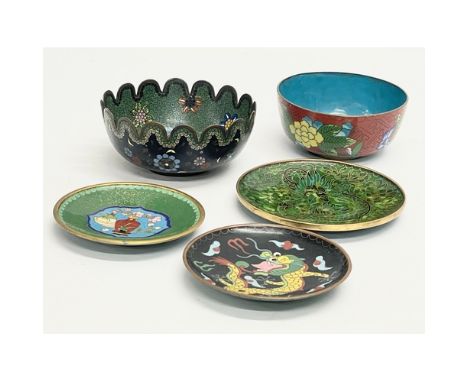5 pieces of early 20th century cloisonné enamel ware. 12cm 