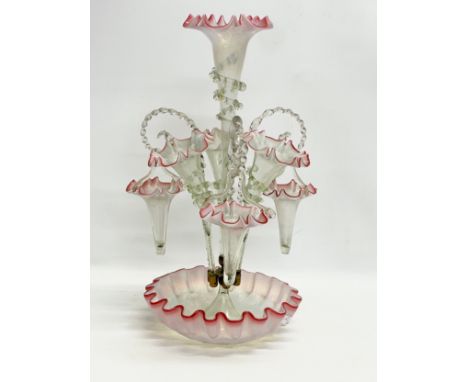 A large Victorian Vaseline and Cranberry Glass epergne. 51cm 