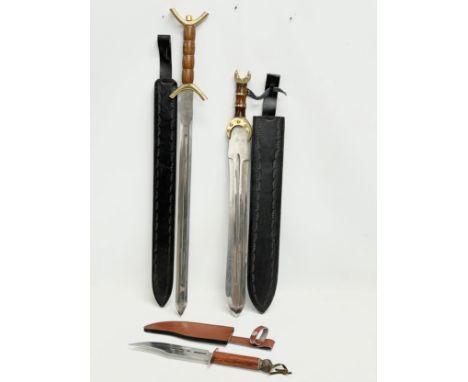 2 replica Celtic swords and a dagger. Swords 78cm. 64cm. Dagger 35cm 