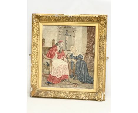 A large 19th century gilt framed religious tapestry. 74x82cm 