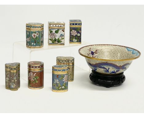 A collection of early 20th century cloisonné enamel ware. Bowl measures 15.5x5.5cm without stand. 
