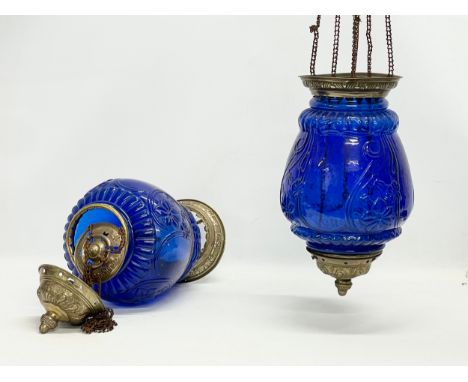 A pair of large vintage brass and Bristol Blue glass light shade. 68cm including chain. 