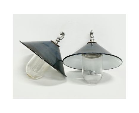 A pair of vintage industrial bulkhead ceiling lights with enamel shades. 27x26cm 