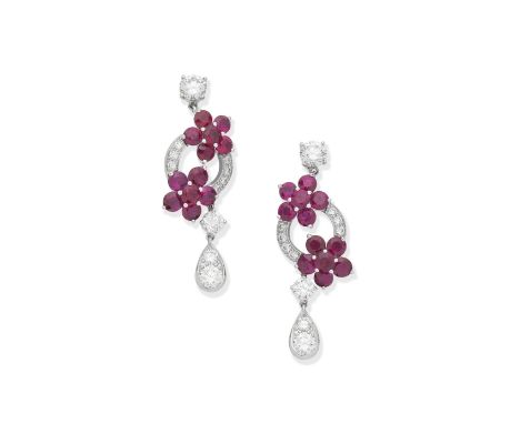 Graff: pair of ruby and diamond 'Rosette' earringsEach cluster drop set with circular-cut rubies, weighing 5.20 carats total,