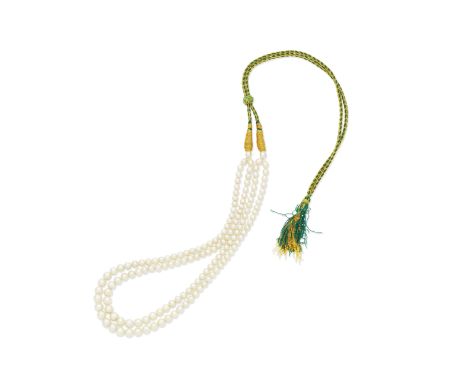 Two-strand natural pearl necklaceThe natural pearls measuring 4.2-6.6mm, on an adjustable green and gold-coloured woven cord,