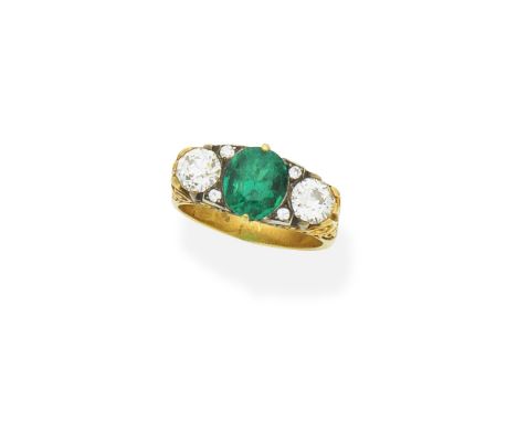 Emerald and diamond three stone ringSet with an oval-cut emerald, weighing 1.80 carats, between old brilliant-cut diamonds, d