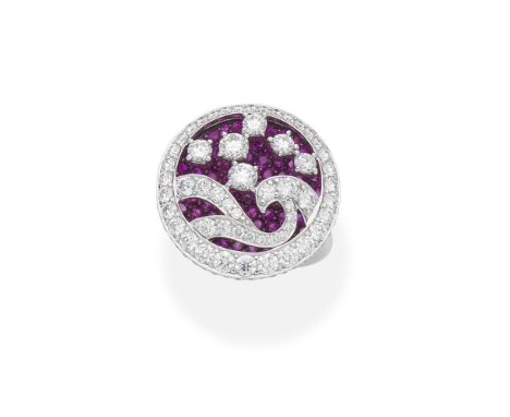 Graff: ruby and diamond 'Wave' ringCircular, set with circular-cut rubies, weighing 2.30 carats total, and brilliant-cut diam