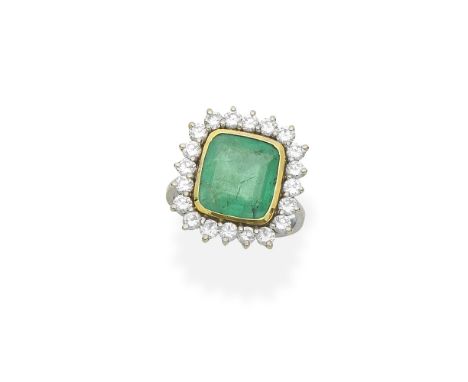 Emerald and diamond cluster ringThe step-cut emerald within a surround of brilliant-cut diamonds,  ring size MFor further inf