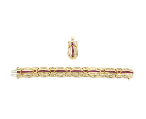 Ruby and diamond bracelet and pendant suiteEach curved link formed of stepped rows set with calibré-cut rubies, similarly-cut