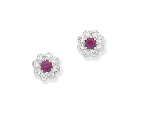 Graff: Pair of Ruby and diamond cluster earringsSet with circular-cut rubies, weighing 0.36 carat total, and brilliant-cut di