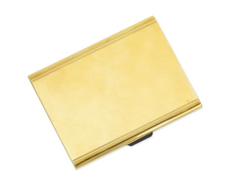 Onyx cigarette case, Portuguese, mid 20th centuryThe engine-turned case with an onyx thumbpiece, opening to reveal an engine-