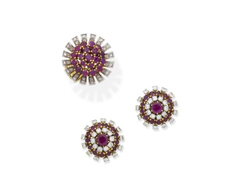 Ruby and diamond ring and earclips suiteThe ring set with a cluster of circular-cut rubies within a  radiating surround of si