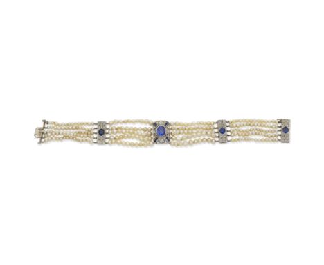 Sapphire, seed pearl and diamond braceletThe oval-cut sapphire within a rectangular plaque set with single-cut diamonds and c