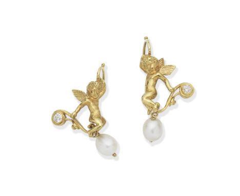 Natural pearl and diamond earrings, circa 1900Each gold cherub on a brilliant-cut diamond scroll, terminating with a 5.9mm x 