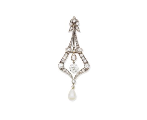 Diamond and pearl pendant, circa 1890The lozenge-shaped pendant with foliate detailing and set throughout with old brilliant-