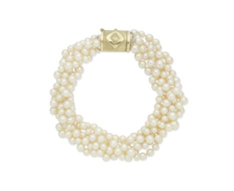 Cultured pearl necklaceThe five strands of cultured pearls to a barrel-shaped clasp with lozenge decoration,  length 39.0cmFo