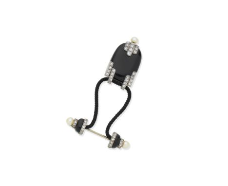 Linzeler Marchak: Art Deco enamel, onyx, diamond and pearl fob watch/brooch, circa 1922-1925The brooch terminals decorated wi