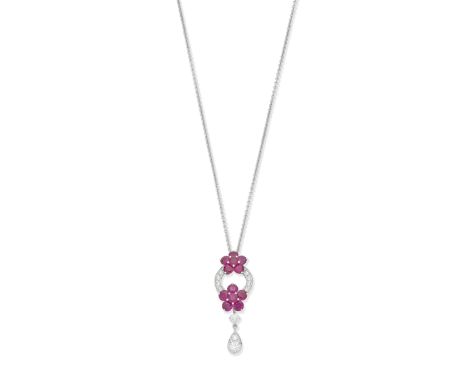 Graff: ruby and diamond 'Rosette' pendantSet with brilliant-cut diamonds, weighing 0.83 carat total, and clusters of circular
