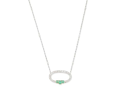 Emerald, diamond and seed pearl necklaceThe cushion-shaped and rose-cut diamond pendant accented by step-cut emeralds, to a v