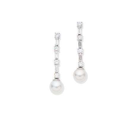 Cultured pearl and diamond earringsEach 8.2mm pearl to a brilliant and baguette-cut diamond surmount, length 3.8cm For furthe