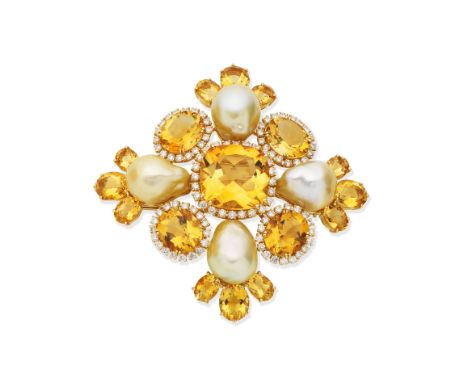 Citrine, cultured pearl and diamond broochThe large cushion-shaped citrine within a surround of brilliant-cut diamonds, frame