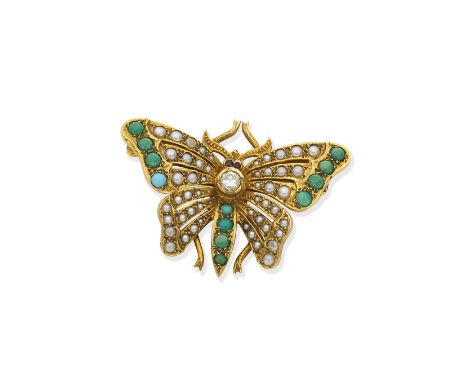 turquoise, pearl and diamond butterfly broochSet throughout with seed pearls, accented by circular turquoise cabochons, with 