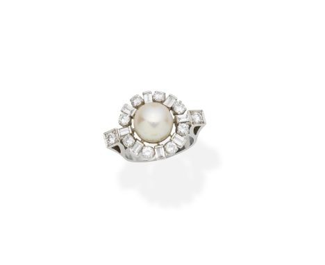 Cultured pearl and diamond cluster ringThe 9.75mm cultured pearl within an alternating surround of trapezoid and brilliant-cu
