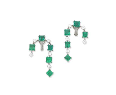 Emerald and diamond pendent earringsSet with an articulated row of alternating step-cut emeralds and diamonds, with single-cu