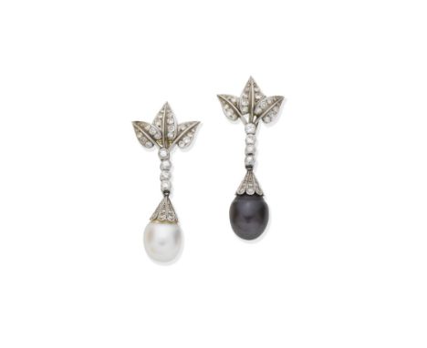 Cultured pearl and diamond pendent earringsThe single-cut diamond foliate surmounts suspending brilliant-cut diamonds and ter