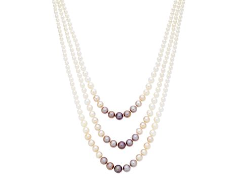 Three-row cultured pearl necklaceThe cultured pearls measuring 5.25-11.40mm, graduating in tint from white to pale pink and p