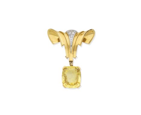 Yellow sapphire and diamond brooch, circa 1940The cushion-shaped sapphire suspended from a ribbon-like surmount set with old 