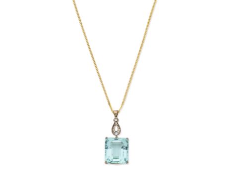 Aquamarine and diamond pendantThe step-cut aquamarine suspended from a surmount accented with old brilliant-cut diamonds to a