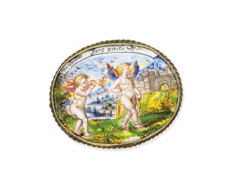 Enamel brooch, 17th-18th centuryThe polychrome enamel scene depicting a putto following and pleading with Cupid before a cast