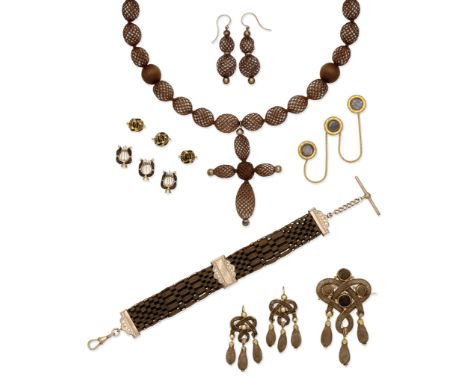 Collection of hairwork mourning jewellery, 19th centuryComprising: A woven hairwork 'bead' necklace and cruciform pendant wit