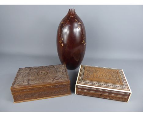 An Ovoid Wood Carved Japanese Vase, together with a Syrian Marquetry trinket box and one other wood carved trinket box. (3)