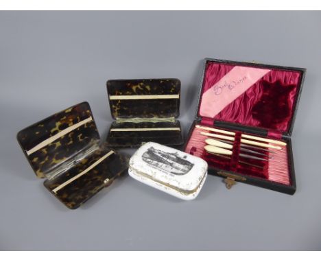 Miscellaneous Items, including two tortoiseshell cigarette cases, a bone crochet set, a trinket dish and cover depicting Sout