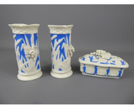 Antique Bennington Parian Ware Pillar Vases and trinket box, all three decorated with barley and grapes, approx 13 cms.
