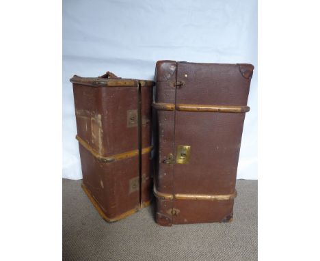 Three Sturdy Brown Cabin Trunks (wf), the first approx 83 x 49 x 43 cms with interior shelf, the second approx 78 x 49 x 32 c