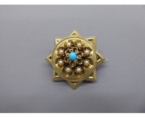 An Edwardian 14-15ct Yellow Gold (tested) Diamond, Turquoise and Seed Pearl Star Brooch, the brooch having 6 x 1 pt rose cut 