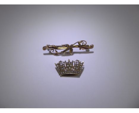 A Vintage 9ct Yellow Gold and Seed Pearl Coronet Brooch, together with a 9ct gold and seed pearl Swift brooch, approx 4.7 gms