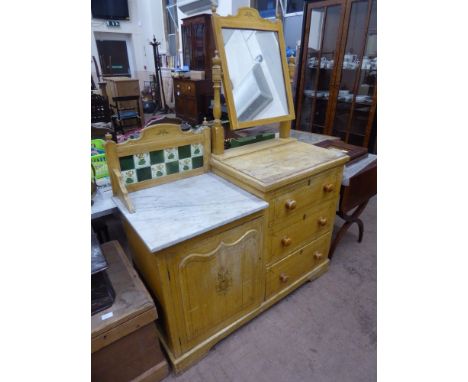 A Victorian Pine Dresser and Marble-Top Washstand with ceramic tile splash-back, knob handles and decoratively hand-painted, 