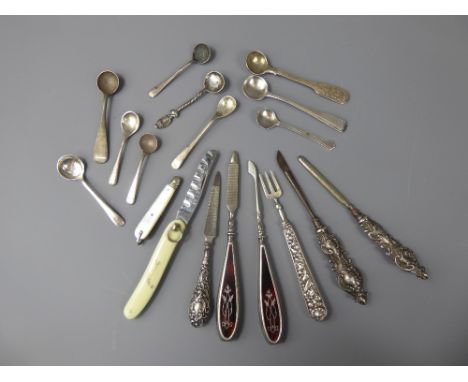 A Quantity of Silver Mustard Spoons, approx 75 gms, together with silver handled manicure items including mother of pearl and