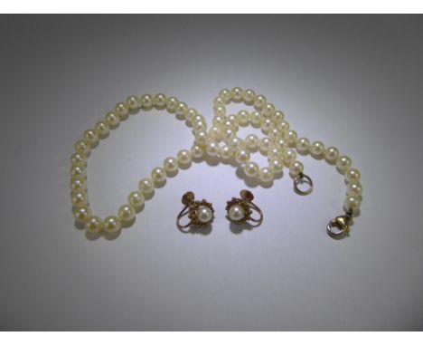 A Vintage Cultured Pearl Necklace, 9ct gold clasp. The pearls approx  5 mm, approx 44 cms long, together with a pair of 9ct g