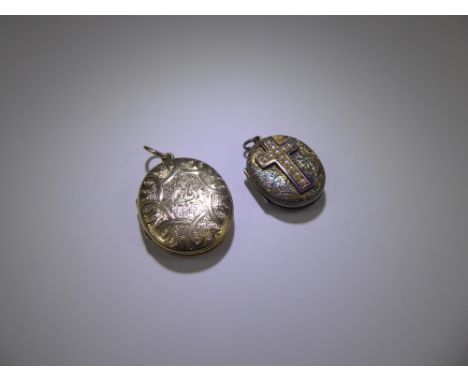 A 9ct Yellow Gold Enamel and Pearl Locket together with another white metal locket. 9ct gold locket approx 7.1 gms.