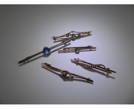 Four Antique 9ct Gold (tested) Pin Brooches,  including seed pearl, blue topaz and seed pearl, topaz 1 x 4 mm, peridot 1 x 4 