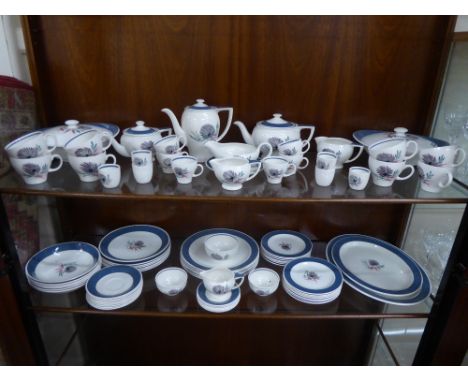 A Susie Cooper 'Blue Dahlia' Porcelain Dinner and Tea Service, including six dinner plates, six fish plates, six soup bowls, 