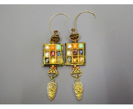 A Pair of Antique 18 ct Yellow Gold and Enamel Navratna Style Earrings, the square design set with nine semi and precious sto