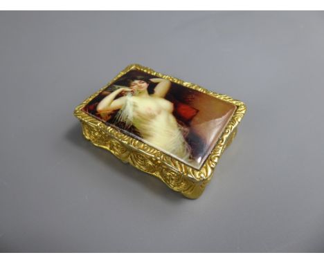 A Vintage 18ct Gold-Plated Pill Box with a hand-painted miniature portrait of a reclining nude lady (possibly Italian).