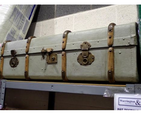 Vintage wooden banded travel trunk. Not available for in-house P&amp;P 