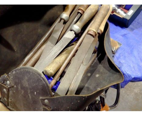 Leather bag containing mixed hand tools. including files. Not available for in-house P&amp;P 